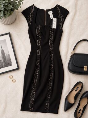 Cache Black Lace Panel Bodycon Dress NWT Size 0 Career Cocktail G